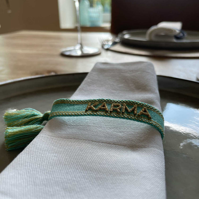 Canvas Statement Armband Karma Türkis Gold Quasten besticktes Webarmband