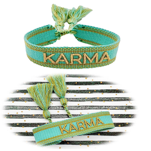 Canvas Statement Armband Karma Türkis Gold Quasten besticktes Webarmband