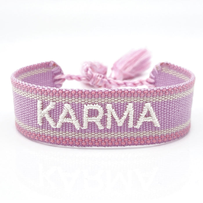 Canvas Statement Armband Karma Lila Flieder Quasten besticktes Webarmband
