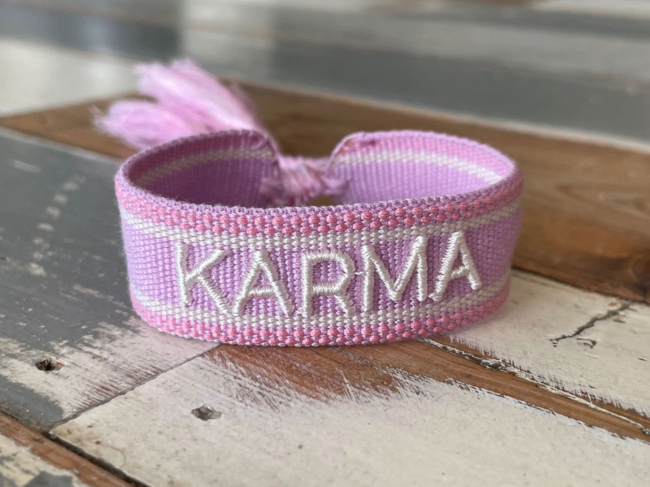 Canvas Statement Armband Karma Lila Flieder Quasten besticktes Webarmband