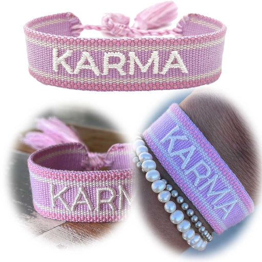 Canvas Statement Armband Karma Lila Flieder Quasten besticktes Webarmband