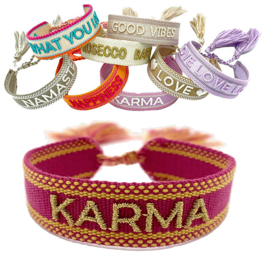 KI-generiertes Bild Canvas Statement Armband Karma Magenta Gold Quasten besticktes Webarmband