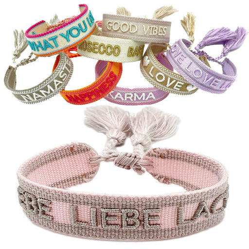 Canvas Statement Armband Lebe Liebe Lache Rosa Quasten besticktes Webarmband