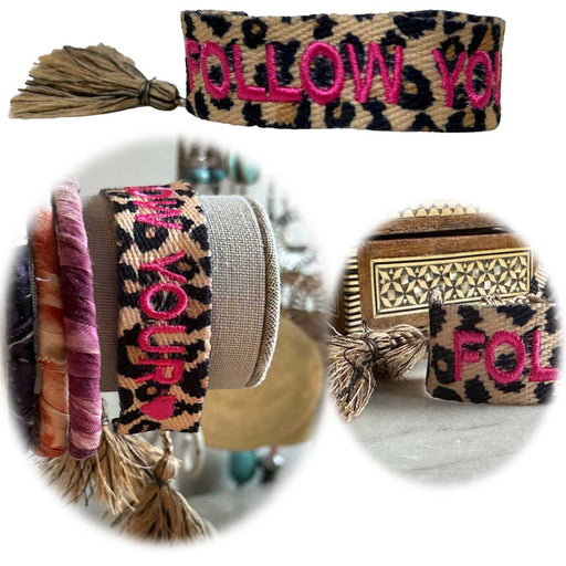 Canvas Statement Armband Leo Follow Your ❤️ Leopard Pink Quasten besticktes Webarmband