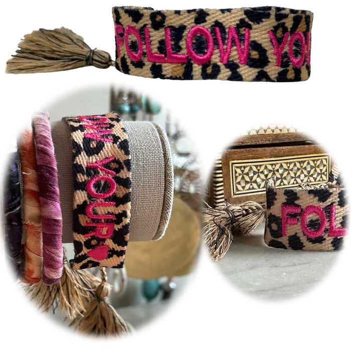 KI-generiertes Bild Canvas Statement Armband Leo Follow Your ❤️ Leopard Pink Quasten besticktes Webarmband