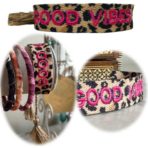 KI-generiertes Bild Canvas Statement Armband Leo Good Vibes Leopard Pink Quasten besticktes Webarmband