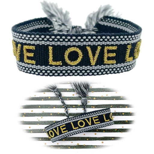 Canvas Statement Armband LOVE Blau Gold Quasten besticktes Webarmband
