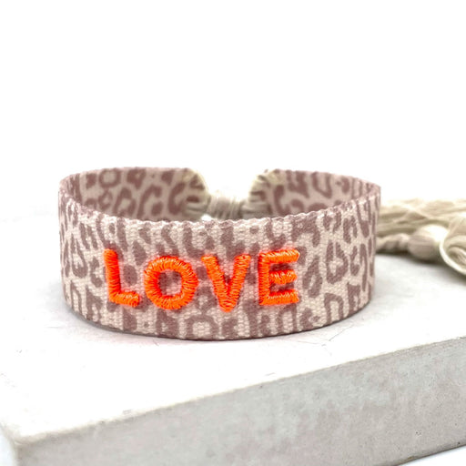 Canvas Statement Armband Love Leo Leopard Neon Orange Quasten besticktes Webarmband