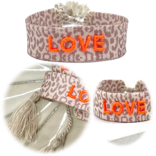 Canvas Statement Armband Love Leo Leopard Neon Orange Quasten besticktes Webarmband