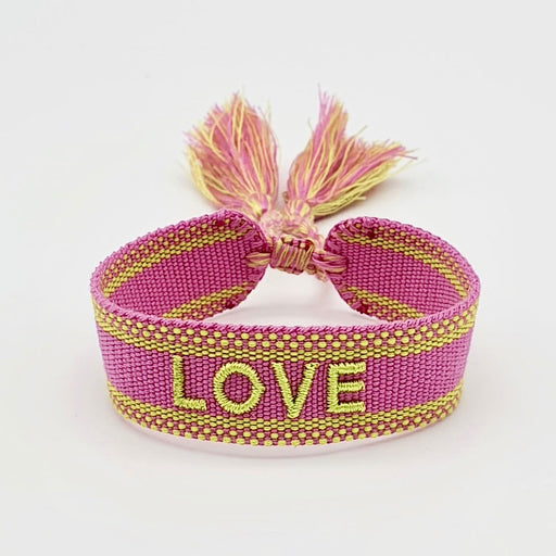 Canvas Statement Armband Love Lila Grün Quasten besticktes Webarmband