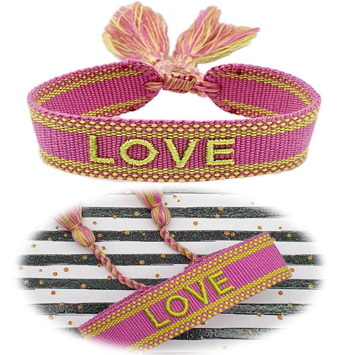 Canvas Statement Armband Love Lila Grün Quasten besticktes Webarmband