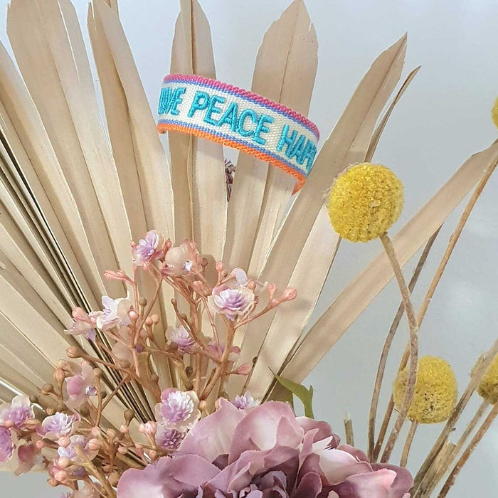 Canvas Statement Armband Love Peace Happiness Quasten besticktes Webarmband