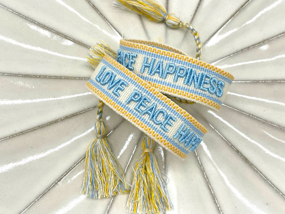 Canvas Statement Armband Love Peace Happiness Quasten besticktes Webarmband