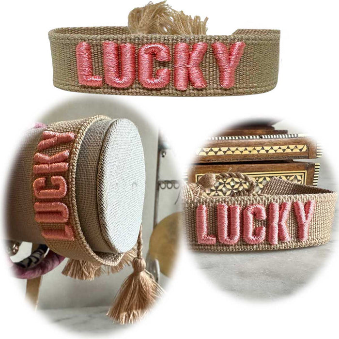 Canvas Statement Armband Lucky Beige Rosa Quasten besticktes Webarmband