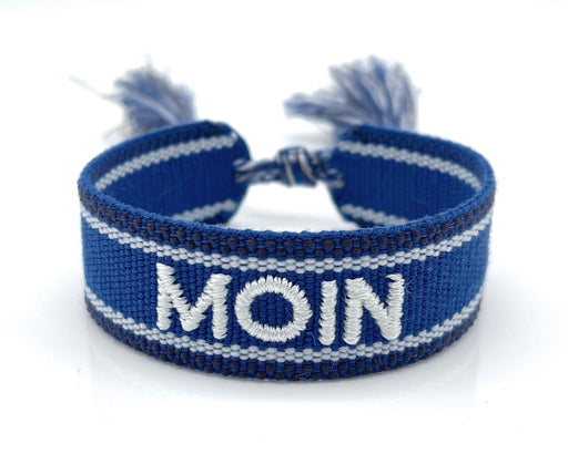 Canvas Statement Armband Moin Blau Weiß Quasten besticktes Webarmband