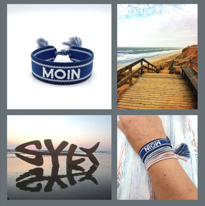 KI-generiertes Bild,Canvas Statement Armband Moin Blau Weiß Quasten besticktes Webarmband