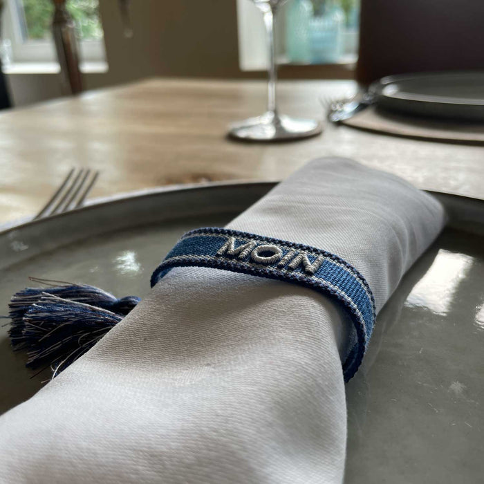 Canvas Statement Armband Moin Blau Weiß Quasten besticktes Webarmband