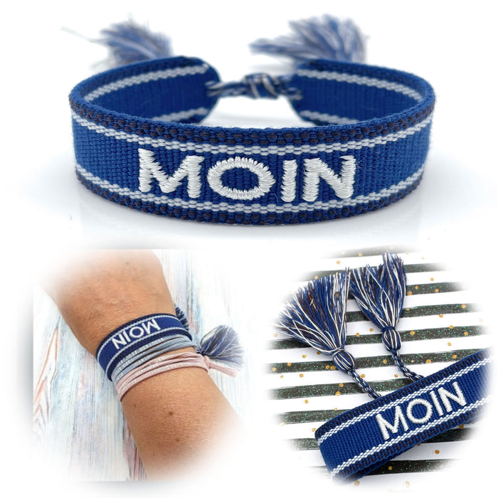 Canvas Statement Armband Moin Blau Weiß Quasten besticktes Webarmband