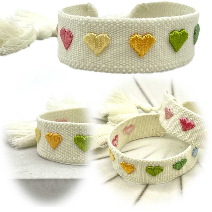 Canvas Statement Armband Herzen Multi Colour Bunt Quasten besticktes Webarmband