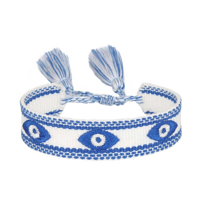 Canvas Statement Armband Nazar Boncuk Weiß Blau Quasten besticktes Webarmband
