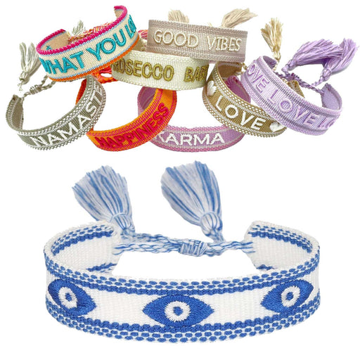 Canvas Statement Armband Nazar Boncuk Weiß Blau Quasten besticktes Webarmband
