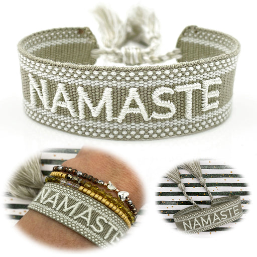 KI-generiertes Bild Canvas Statement Armband Namaste Grün Grau Quasten besticktes Webarmband