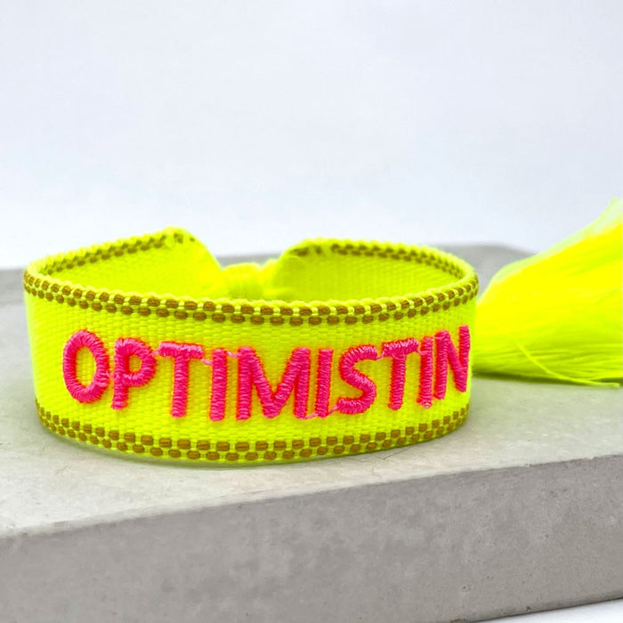 Canvas Statement Armband Optimistin Neon Gelb Pink Quasten besticktes Webarmband
