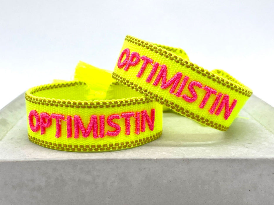 Canvas Statement Armband Optimistin Neon Gelb Pink Quasten besticktes Webarmband