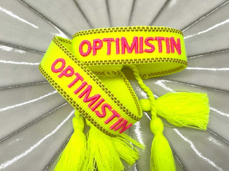 Canvas Statement Armband Optimistin Neon Gelb Pink Quasten besticktes Webarmband