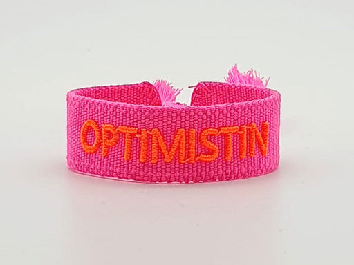 Canvas Statement Armband Optimistin Neon Pink Orange Quasten besticktes Webarmband