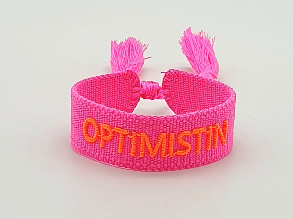 Canvas Statement Armband Optimistin Neon Pink Orange Quasten besticktes Webarmband