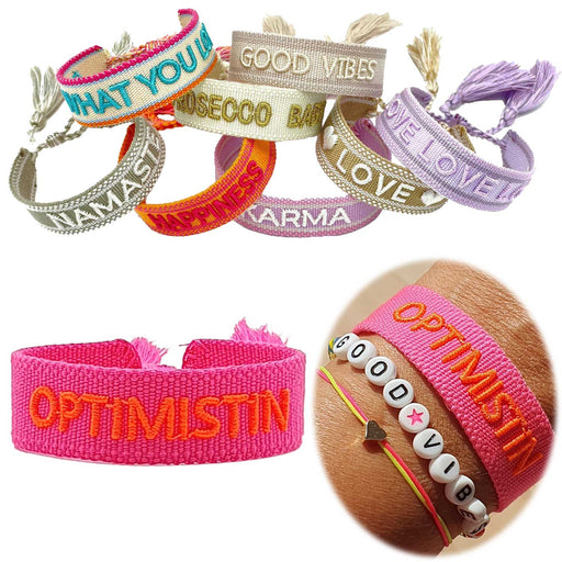 Canvas Statement Armband Optimistin Neon Pink Orange Quasten besticktes Webarmband