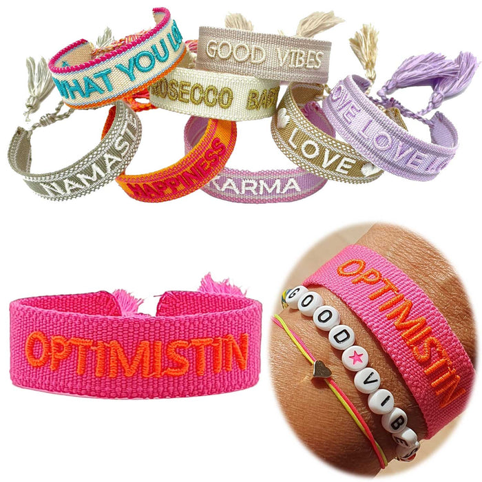 Canvas Statement Armband Optimistin Neon Pink Orange Quasten besticktes Webarmband