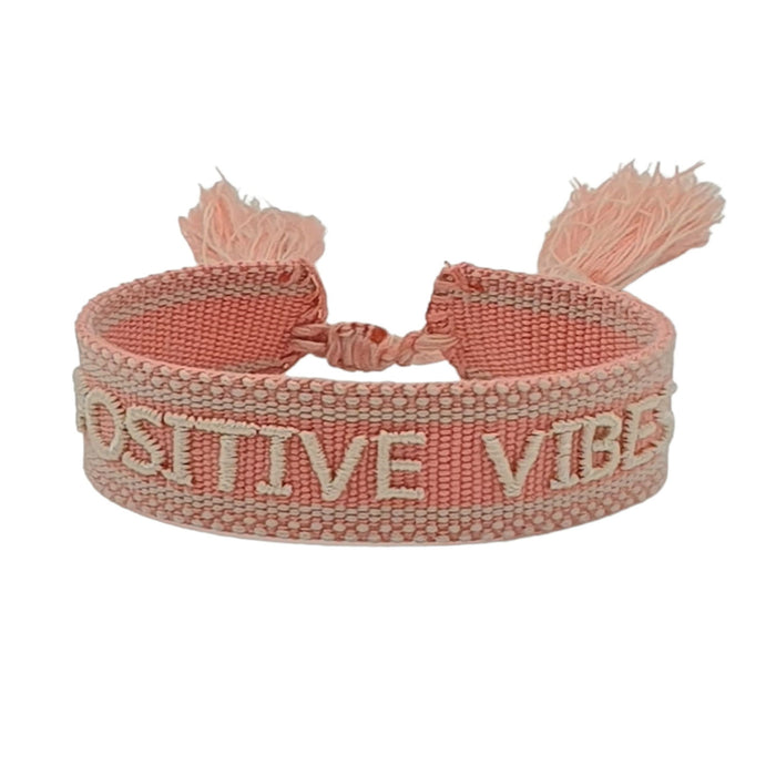 Canvas Statement Armband Positive Vibes Rosa Weiß Quasten besticktes Webarmband