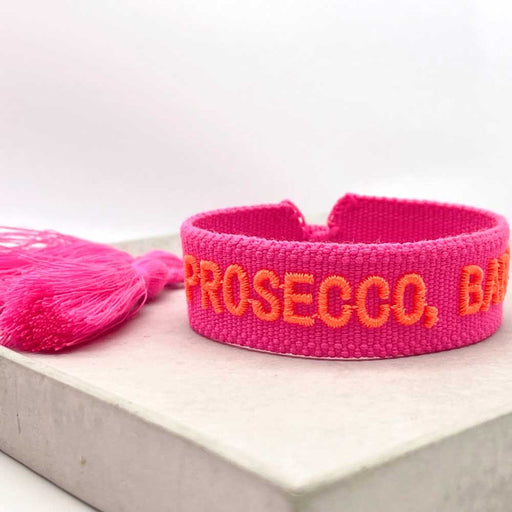 Canvas Statement Armband Prosecco Baby Neon Pink Orange Quasten besticktes Webarmband