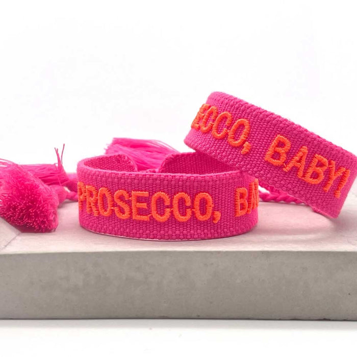 Canvas Statement Armband Prosecco Baby Neon Pink Orange Quasten besticktes Webarmband
