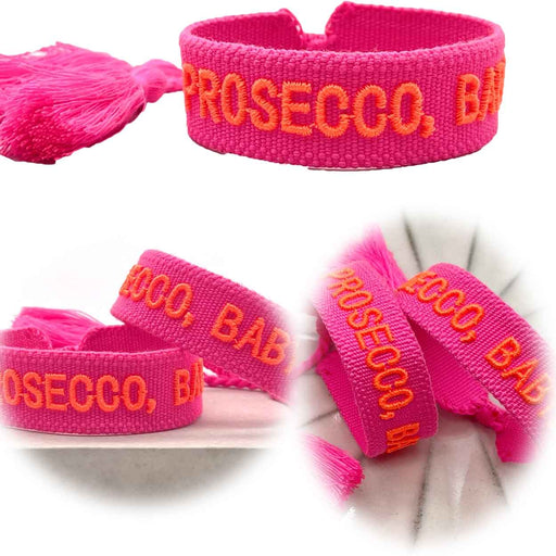 Canvas Statement Armband Prosecco Baby Neon Pink Orange Quasten besticktes Webarmband