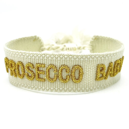 Canvas Statement Armband Prosecco Baby Quasten besticktes Webarmband