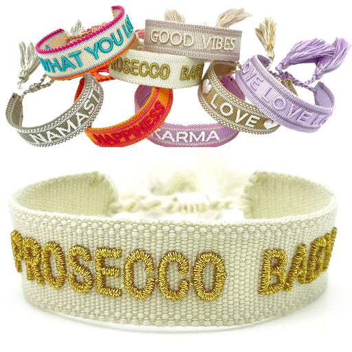 KI-generiertes Bild Canvas Statement Armband Prosecco Baby Quasten besticktes Webarmband
