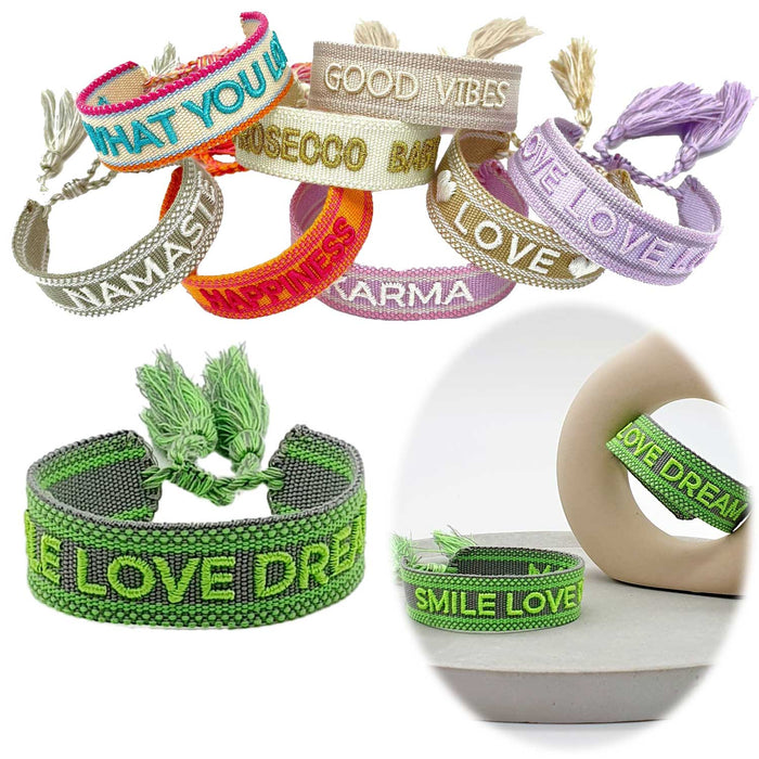 Canvas Statement Armband Smile Love Dream Quasten besticktes Webarmband