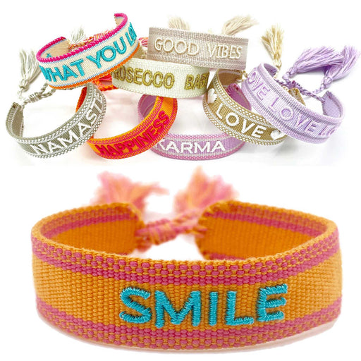 Canvas Statement Armband Smile Orange Türkis Quasten besticktes Webarmband