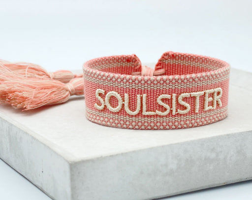 Canvas Statement Armband Soulsister Rosa Weiß Quasten besticktes Webarmband