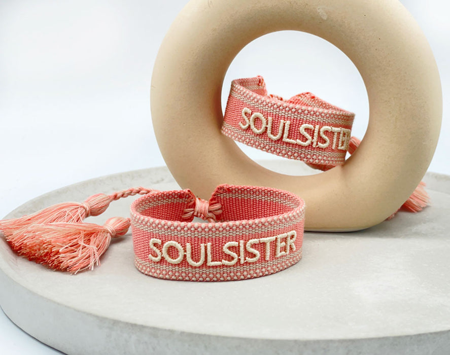 Canvas Statement Armband Soulsister Rosa Weiß Quasten besticktes Webarmband
