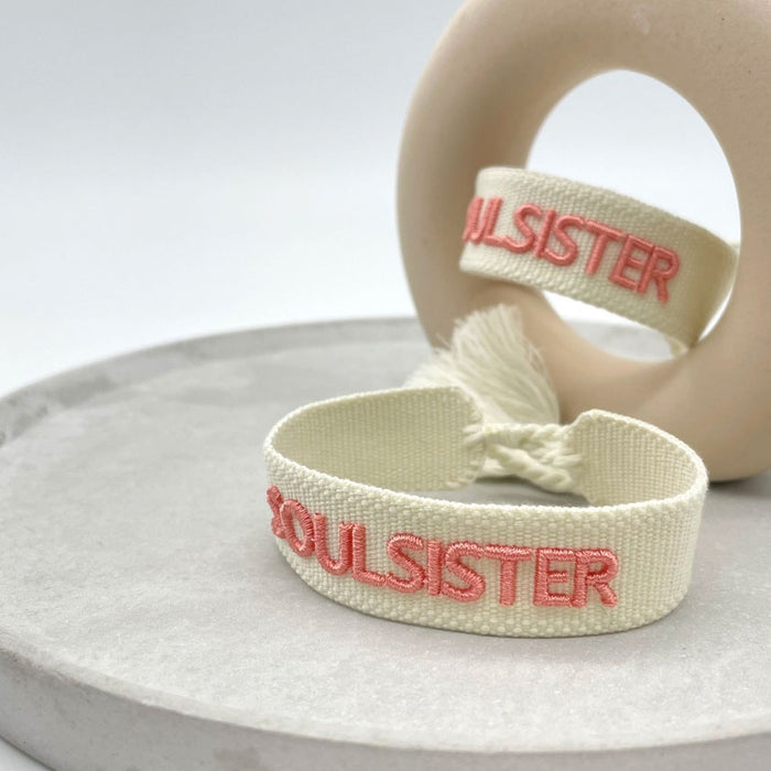Canvas Statement Armband Soulsister Ecru Rose Quasten besticktes Webarmband