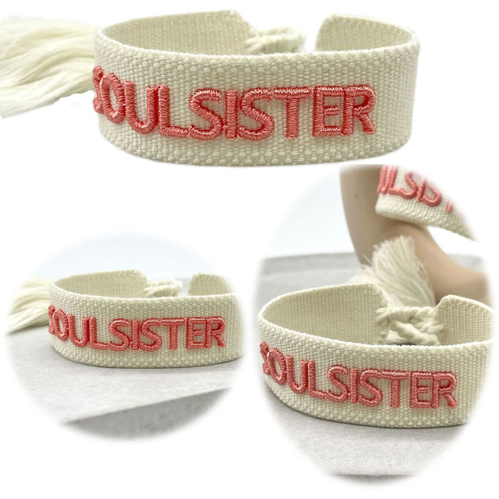 Canvas Statement Armband Soulsister Ecru Rose Quasten besticktes Webarmband
