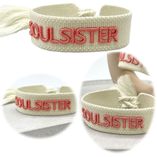 Canvas Statement Armband Soulsister Ecru Rose Quasten besticktes Webarmband