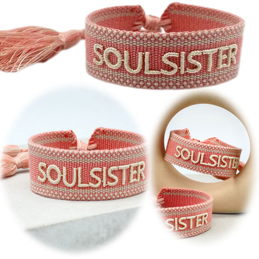 Canvas Statement Armband Soulsister Rosa Weiß Quasten besticktes Webarmband