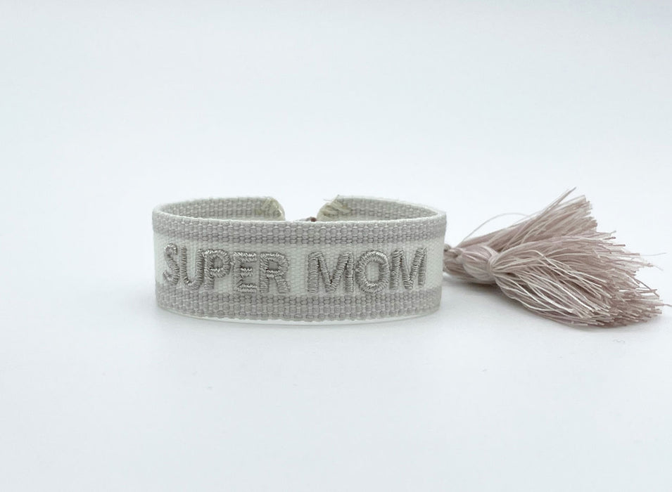 Canvas Statement Armband Super Mom Silber Grau Quasten besticktes Webarmband