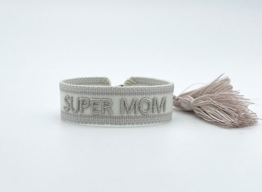 Canvas Statement Armband Super Mom Silber Grau Quasten besticktes Webarmband