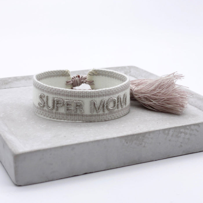 Canvas Statement Armband Super Mom Silber Grau Quasten besticktes Webarmband